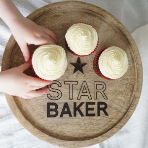 Longwood Design personalised wooden cake stand, star baker with helping hands