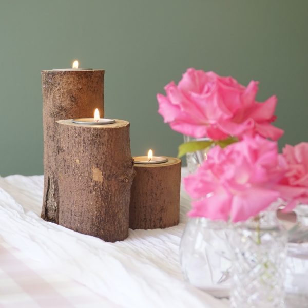 trio of wooden tealight holders branch centerpiece Cherry wood