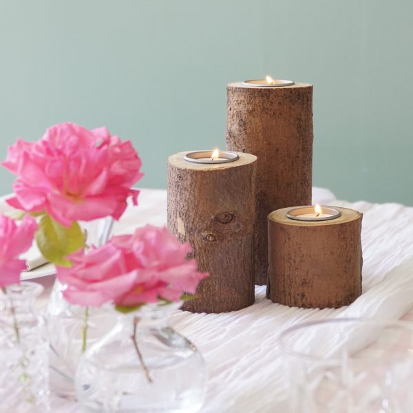 trio of wooden tealight holders branch centerpiece Cherry wood